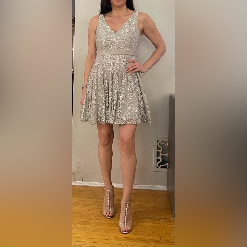 Adrianna Papell, Silver lace dress . Size 4P